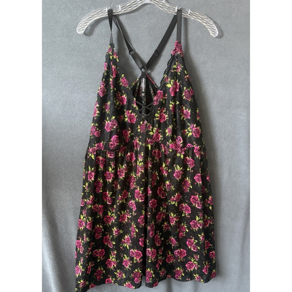 Torrid Curve Black Pink Velvet Flocked Rose Mesh Lace Babydoll Lingerie 3X